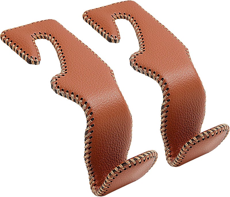 TISOHUGO Car Purse Hook, Back Seat Headrest Genuine Leather Hangers Durable Vehicle Organizer Accessory for Hanging Grocery Bags, 2 Pack, Brown - Image 1